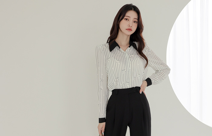 Color Combination Collar Stripe Blouse