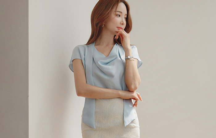 Soft Glossy Modal Cap-Sleeves Tie Blouse