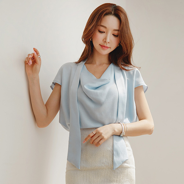 Soft Glossy Modal Cap-Sleeves Tie Blouse