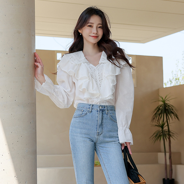 Embroidery Lace Ruffle Cotton Blouse
