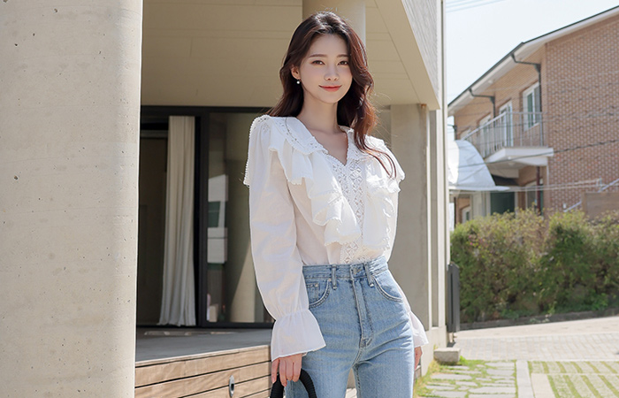 Embroidery Lace Ruffle Cotton Blouse