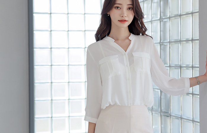Half-Open Henry Neck Flap Pocket Blouse