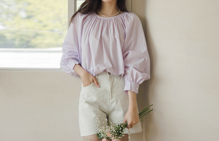 Pastel Color Volume Shirring slender Blouse