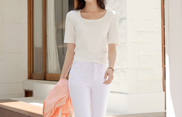 Feminine Square Neck Midi Sleeves Summer Knit T-shirt