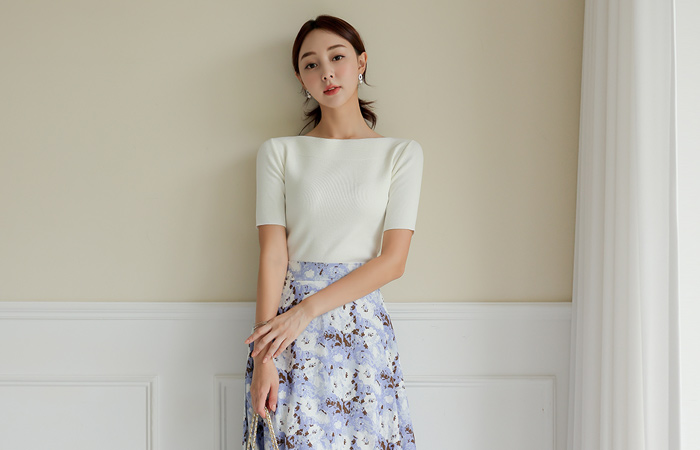 Boat Neck Corduroy Point Knit T-shirt