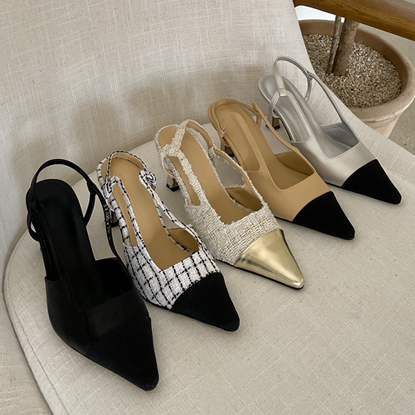 Color Combination Tweed Point Color Sling Backs Heels