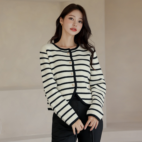 Gold Button Stripe Knit Cardigan