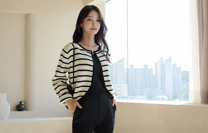 Gold Button Stripe Knit Cardigan