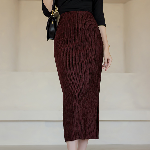 Velvet Pleats Side Slit Banding Skirt