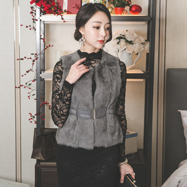 Real Rabbit Fur Gold Buckle Vest