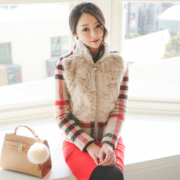 Real Rabbit Fur Highneck Check Jacket