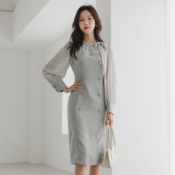 Double Button See-through Ribbon Shirring Tweed Dress