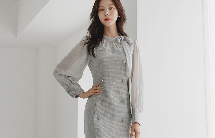 Double Button See-through Ribbon Shirring Tweed Dress