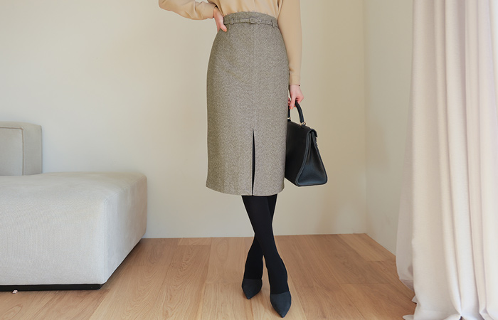 Herringbone Belted Wool Slit Skirt(napping lining)