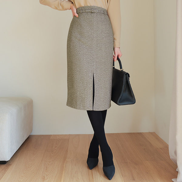 Herringbone Belted Wool Slit Skirt(napping lining)