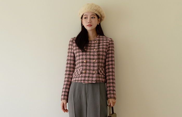 Gold Button Tweed Crop Wool Jacket