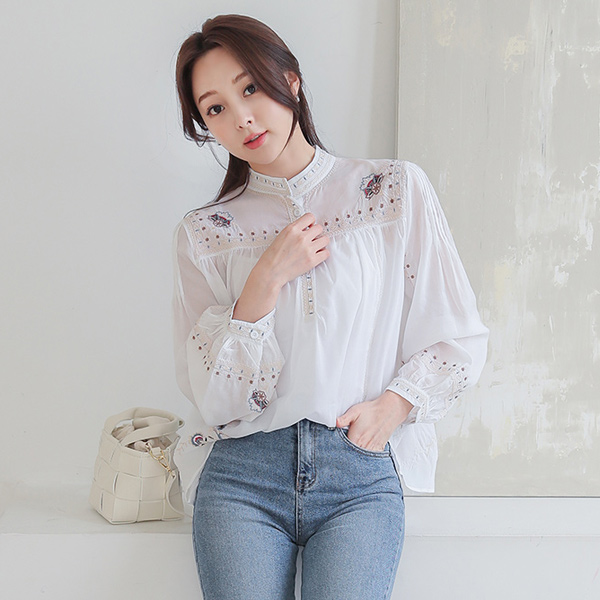 Ethnic Embroidery China Collar Tunic Blouse