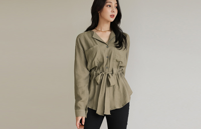 Wing Collar Wrinkle Double Pockets String Blouse