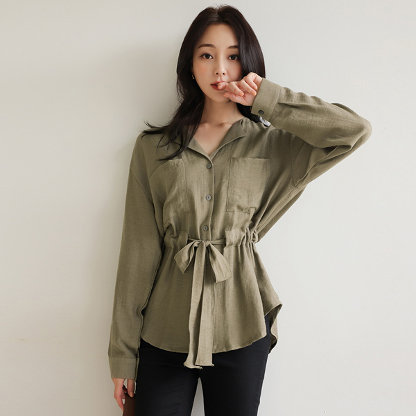 Wing Collar Wrinkle Double Pockets String Blouse