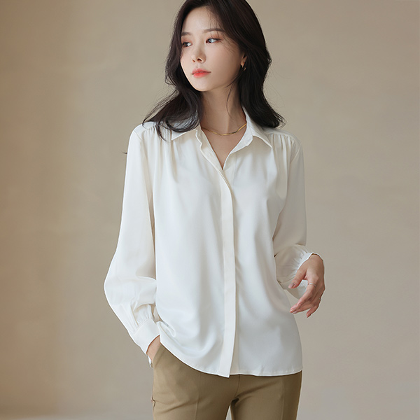 Glossy Shoulder Shirring Hidden Button Blouse