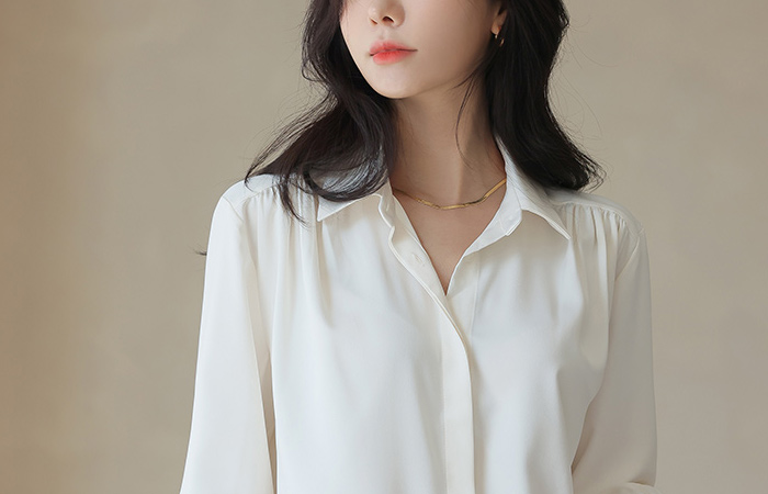 Glossy Shoulder Shirring Hidden Button Blouse