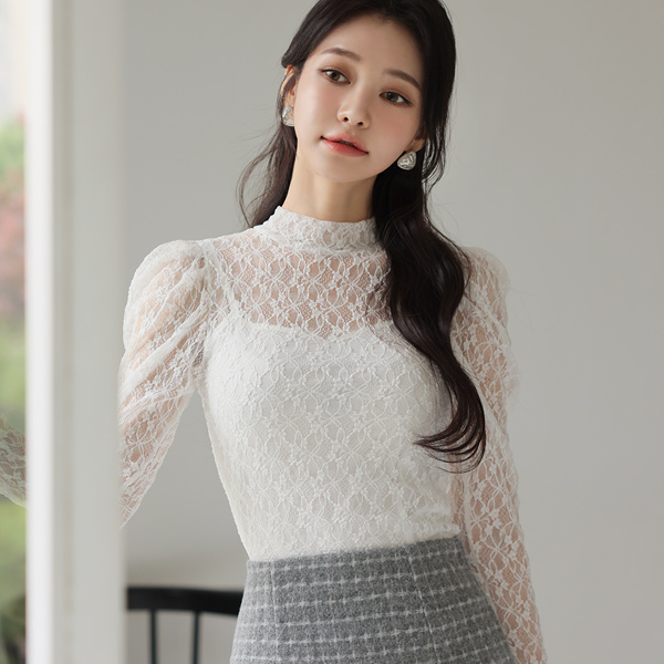 Flower Lace Shirring Shoulder Half-Neck Span Blouse