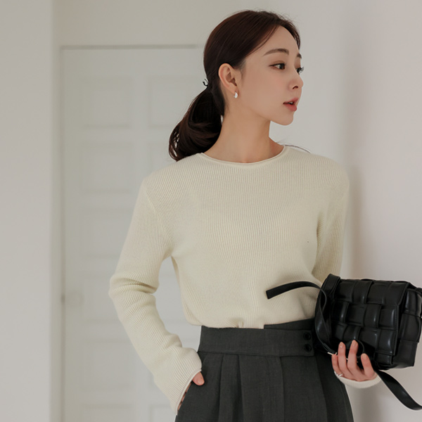 Loll-Neck Wool Cashmere Corduroy Knit T-shirt