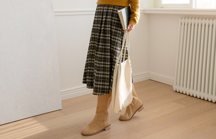 Mood 온 Check Patterns Wrinkles Long Skirt