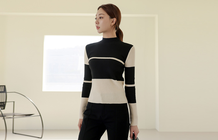 Color Combination Half-Turtleneck Corduroy Knit T-shirt