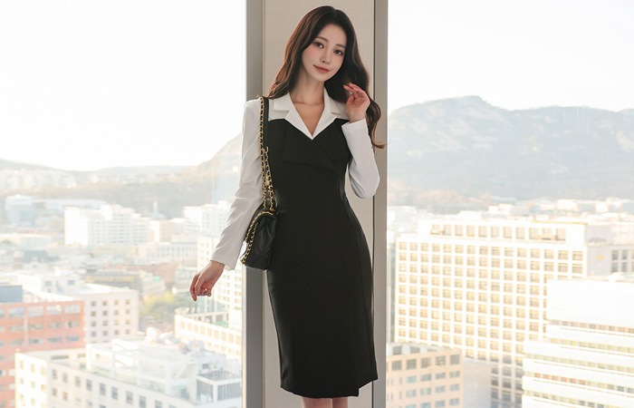 Collar Shirt Bustier layered Double-button Dress