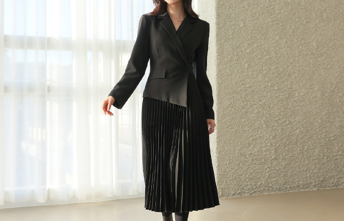 Solid Jacket layered Pleats Long Dress