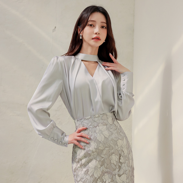 Satin Choker-Neck Wrap Blouse