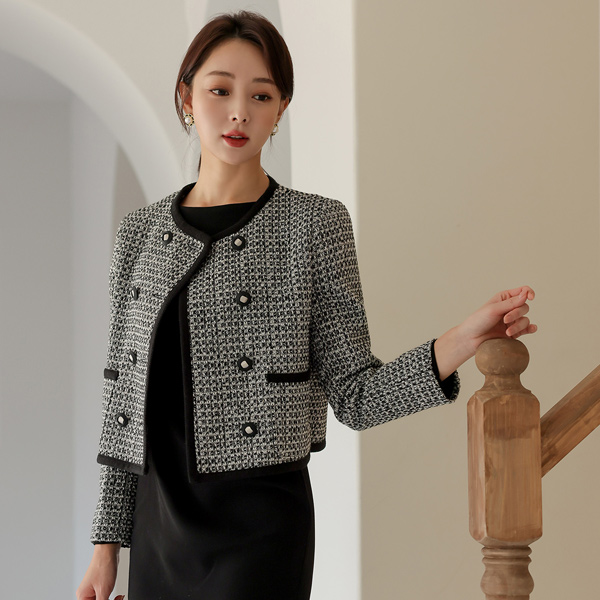 Color Combination Double Button Tweed Jacket
