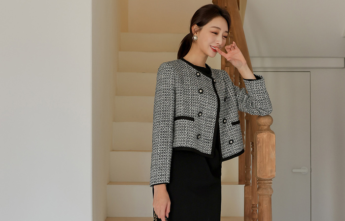 Color Combination Double Button Tweed Jacket