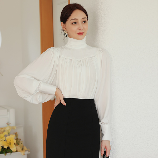 High-Neck Wrinkle Balloon Sleeve Silk Blouse