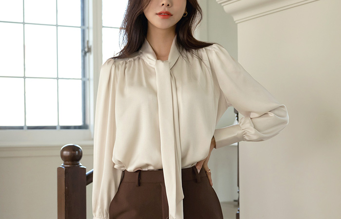 Elegance Tie Neck Shirring Glossy Blouse