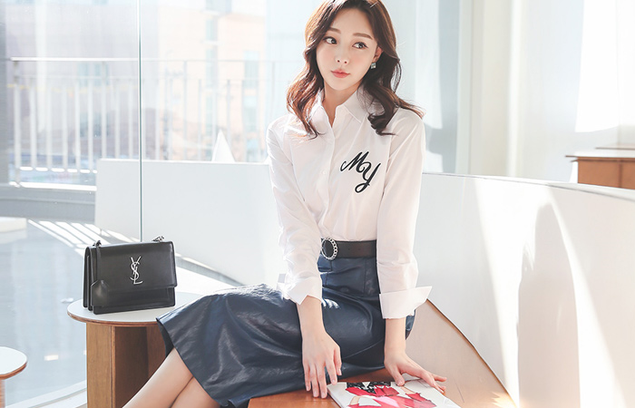 Over Cuffs Lettering Embroidery Cotton Shirt