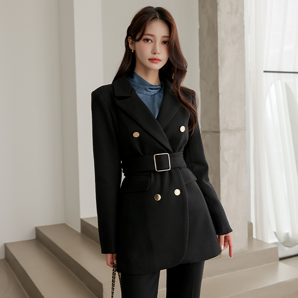 Gold Double-button Belted Harp Coat