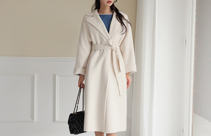 Wide-Collar Deep-Slit Belted Hand-Made Wool Coat(quilted lining)