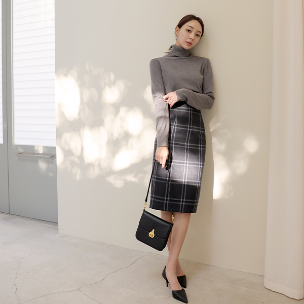 grid Check High-Waist Wool Skirt