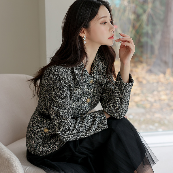 Single Collar Gold Button Tweed Jacket