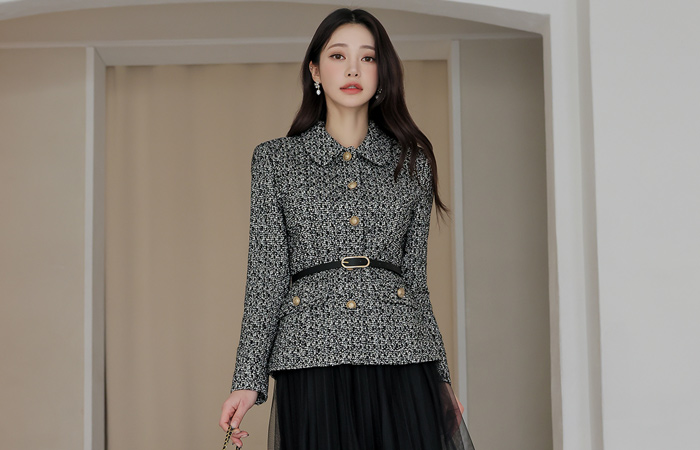 Single Collar Gold Button Tweed Jacket