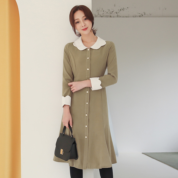Romantic Wave Collar&Sleeves Color Combination Dress
