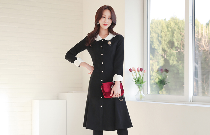 Romantic Wave Collar&Sleeves Color Combination Dress