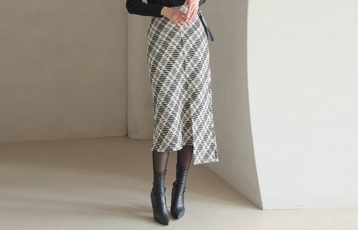 Unbalance Cutting Tweed Check Long Skirt