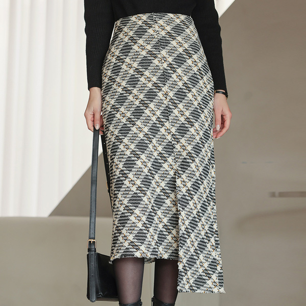 Unbalance Cutting Tweed Check Long Skirt