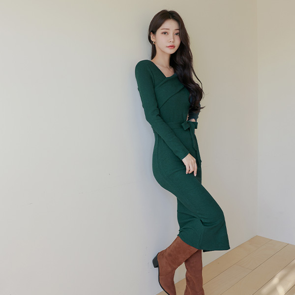 Folding Unbalance Neck Slim Corduroy Long Dress