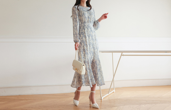 Ethnic Volume shirring Chiffon Dress(Long-sleeve)