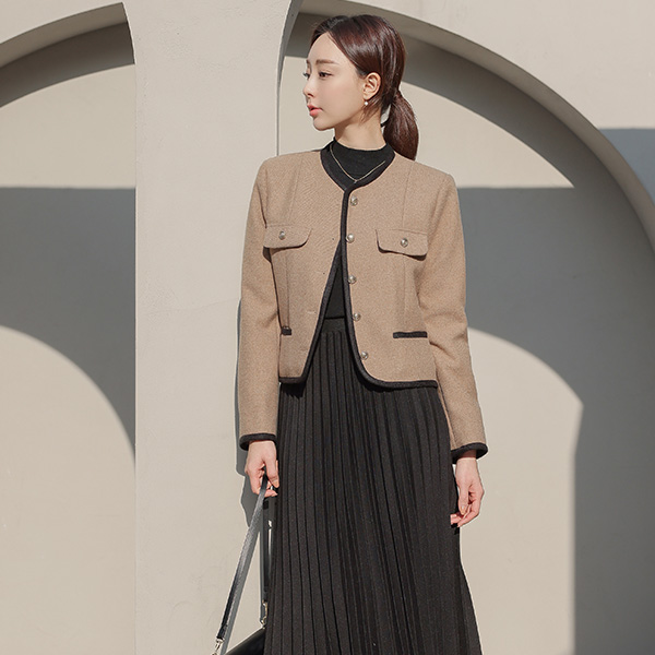 Wool Twill Color Combination Lining Raund neck Jacket(quilted lining)