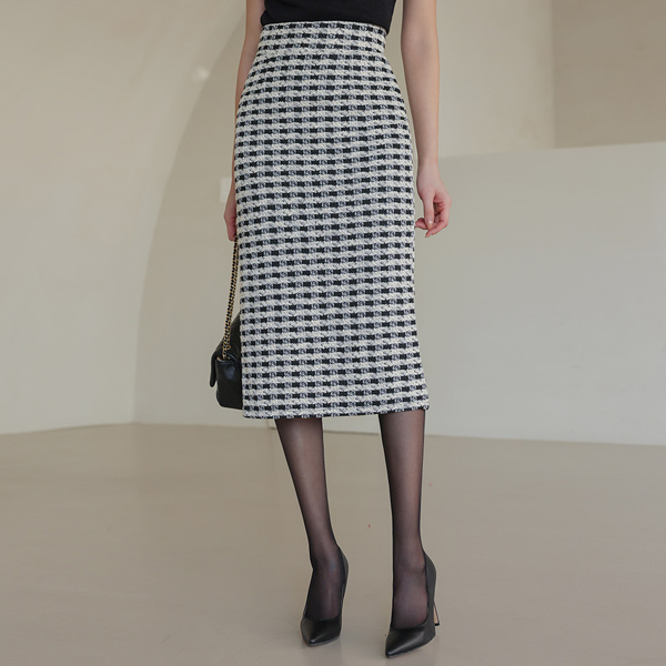 Tulle Check Color Combination Tight Slim Stretchy-Waist Skirt